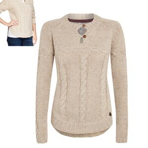 Weird Fish Cable Knit Alpaca Blend Button-Neck Curved Hemline Sweater – Beige